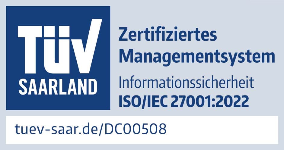 Zertifikat der maincubes one GmbH, Siegel TÜV Saarland: Managementsystem für Informationssicherheit nach ISO/IEC 27001:2022 der maincubes