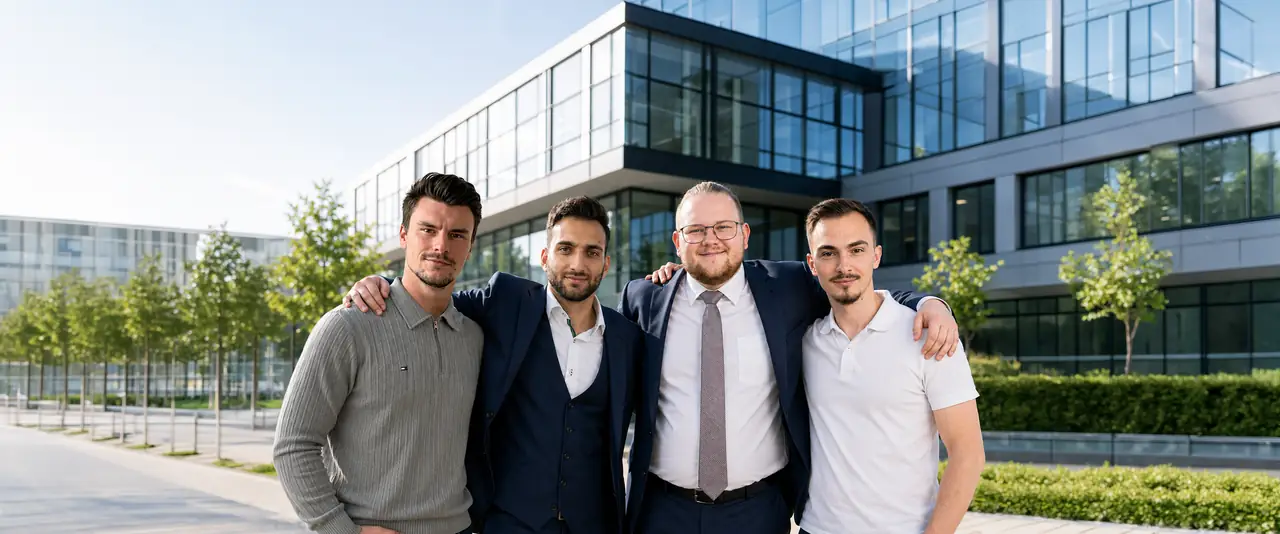 Die Leitung von Visgenix vor dem Bürogebäude in Frankfurt am Main